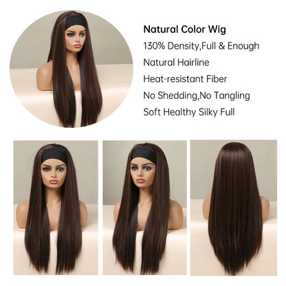 Chocolate Brown Mixed Golden Blonde Long Straight Synthetic Women'S Headband Wigs Bohemian Hair for Black Women Fake Hair