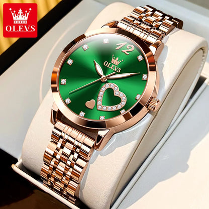 Elevate Your Style with the OLEVS 5189 Elegant Quartz Women Watch Featuring a Stunning Stainless Steel Strap and Diamond Heart Design