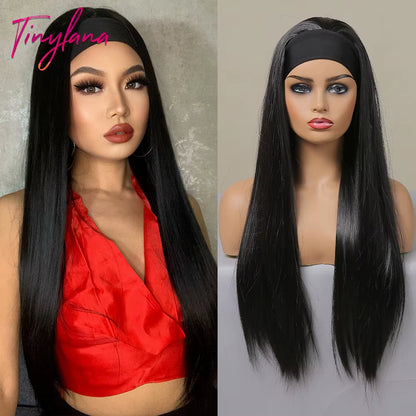 Chocolate Brown Mixed Golden Blonde Long Straight Synthetic Women'S Headband Wigs Bohemian Hair for Black Women Fake Hair