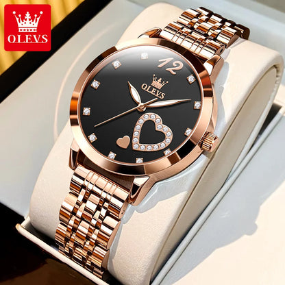 Elevate Your Style with the OLEVS 5189 Elegant Quartz Women Watch Featuring a Stunning Stainless Steel Strap and Diamond Heart Design