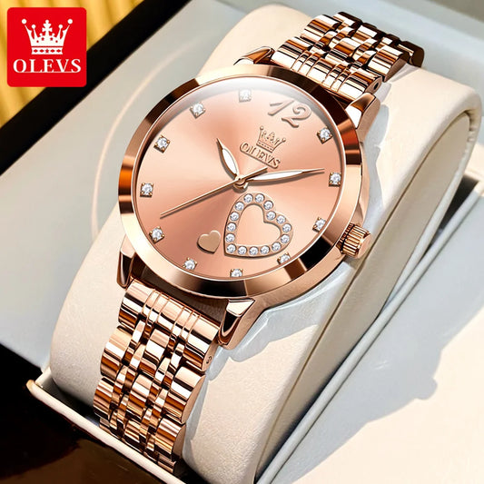 Elevate Your Style with the OLEVS 5189 Elegant Quartz Women Watch Featuring a Stunning Stainless Steel Strap and Diamond Heart Design