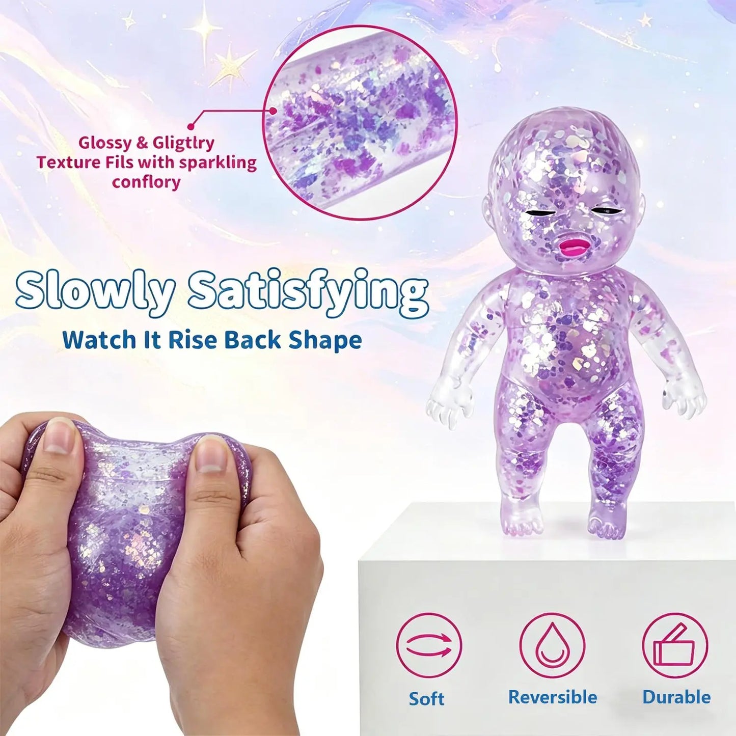 【Summervibes】3 Pack Baby Squishies Glittery, Slow Rising Squishies, 4" Soft Squeezable Fidget Toy, Desk Decor & Anxiety Relief, Ideal for Birthday Gifts, Party Favors, Classroom Prizes Stuffers