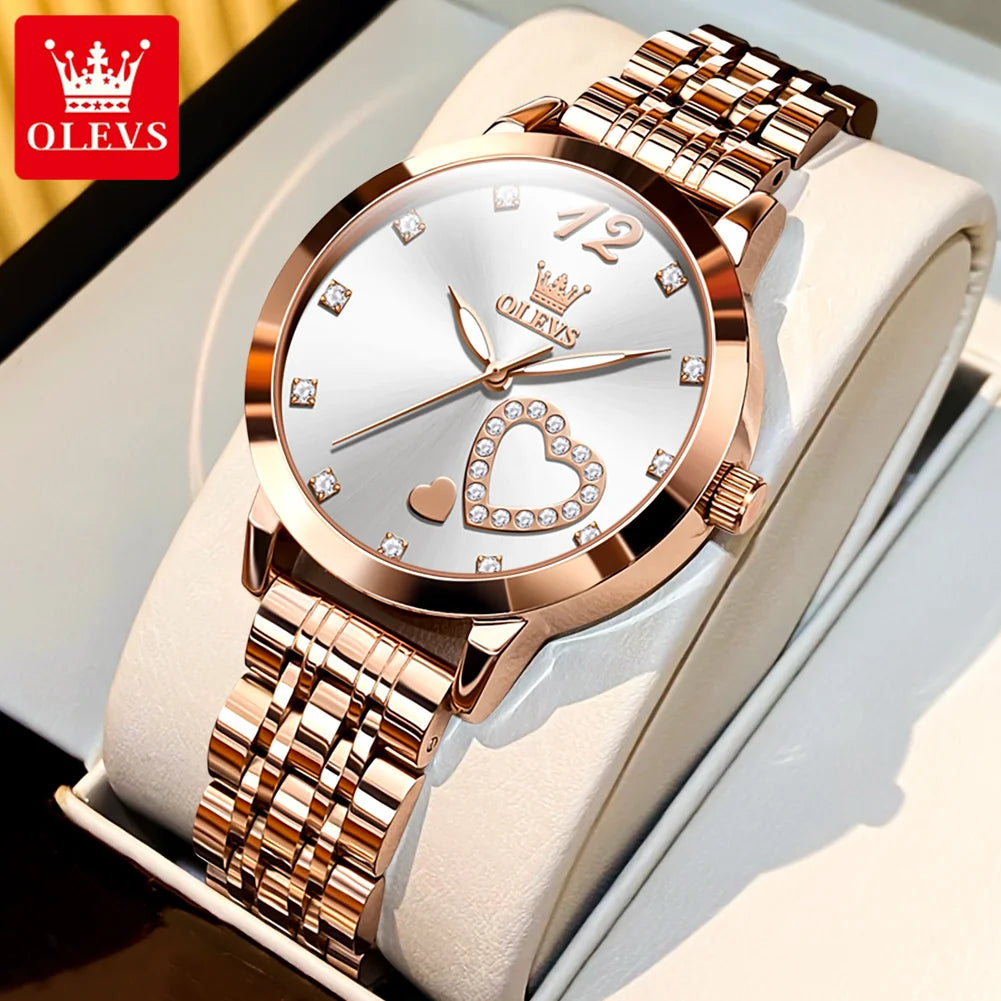 Elevate Your Style with the OLEVS 5189 Elegant Quartz Women Watch Featuring a Stunning Stainless Steel Strap and Diamond Heart Design