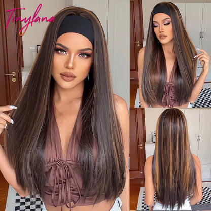 Chocolate Brown Mixed Golden Blonde Long Straight Synthetic Women'S Headband Wigs Bohemian Hair for Black Women Fake Hair