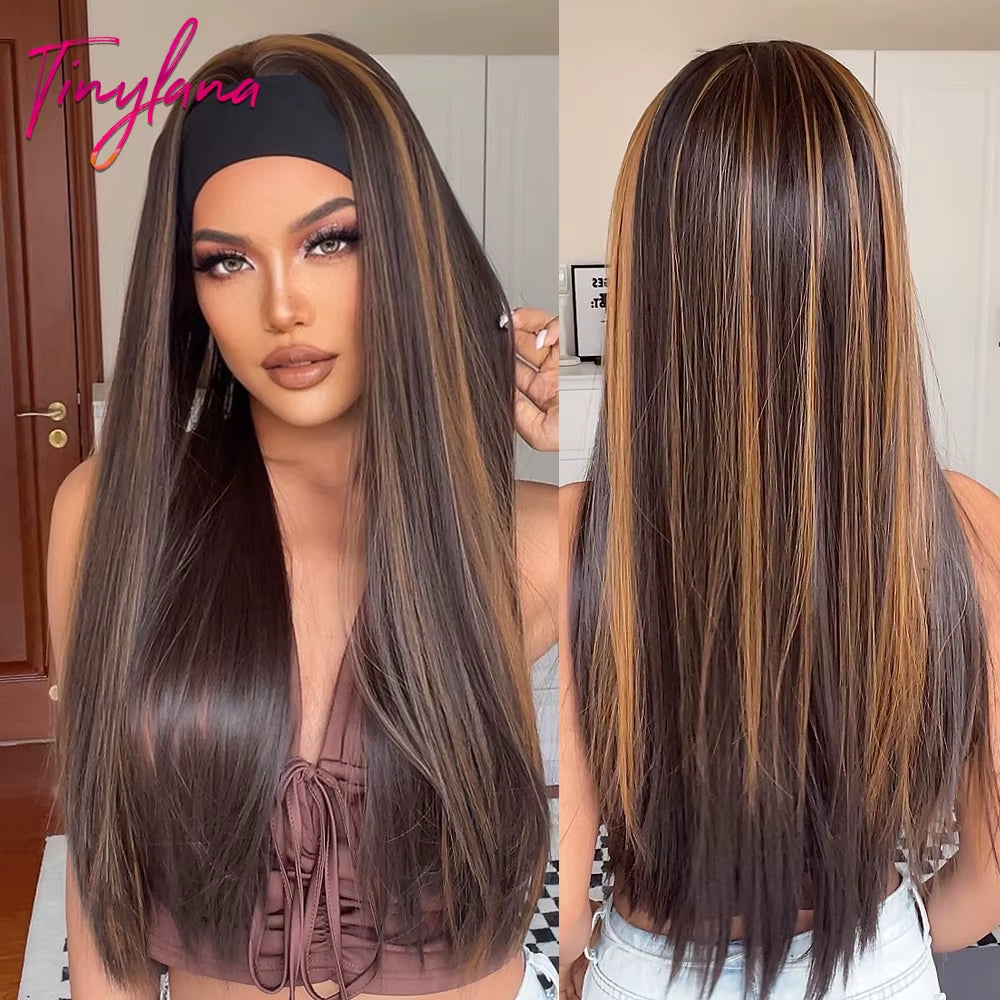 Chocolate Brown Mixed Golden Blonde Long Straight Synthetic Women'S Headband Wigs Bohemian Hair for Black Women Fake Hair