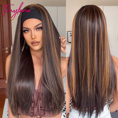 Chocolate Brown Mixed Golden Blonde Long Straight Synthetic Women'S Headband Wigs Bohemian Hair for Black Women Fake Hair
