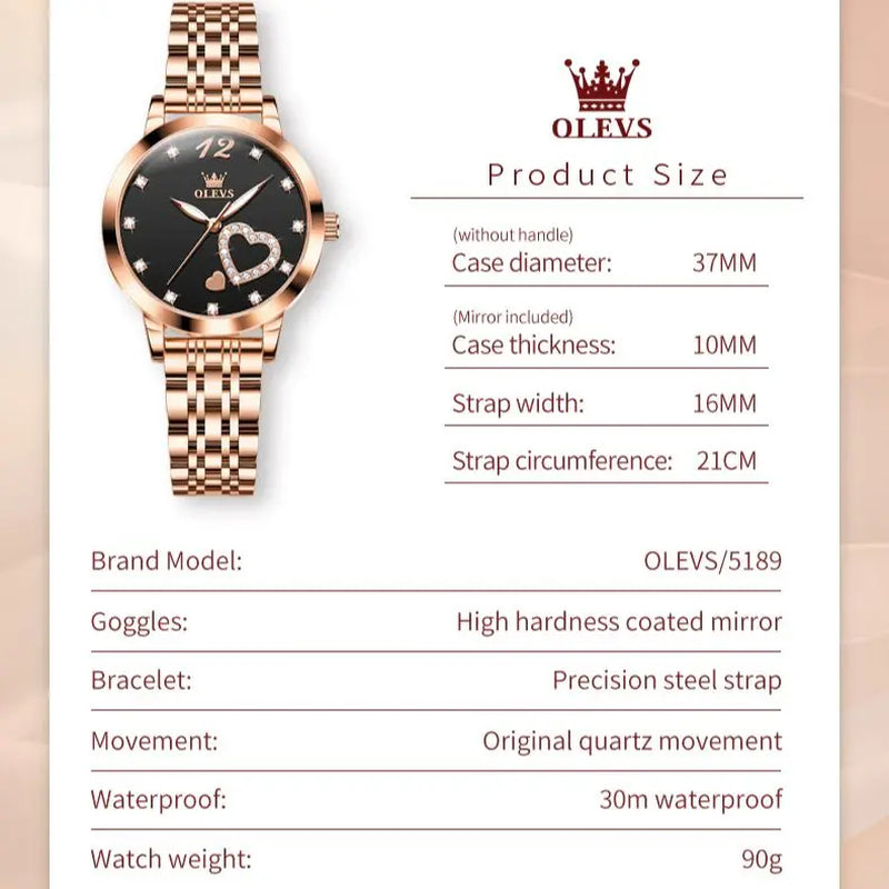 Elevate Your Style with the OLEVS 5189 Elegant Quartz Women Watch Featuring a Stunning Stainless Steel Strap and Diamond Heart Design