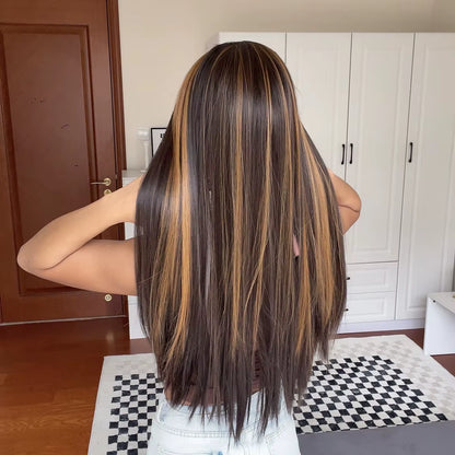 Chocolate Brown Mixed Golden Blonde Long Straight Synthetic Women'S Headband Wigs Bohemian Hair for Black Women Fake Hair