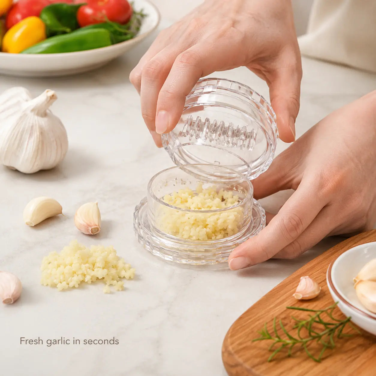 Manual Garlic Twister & Mincer, Compact Garlic Grinder for Garlic, Ginger, Onion, Herbs and Nuts, Clear Kitchen Prep Gadget