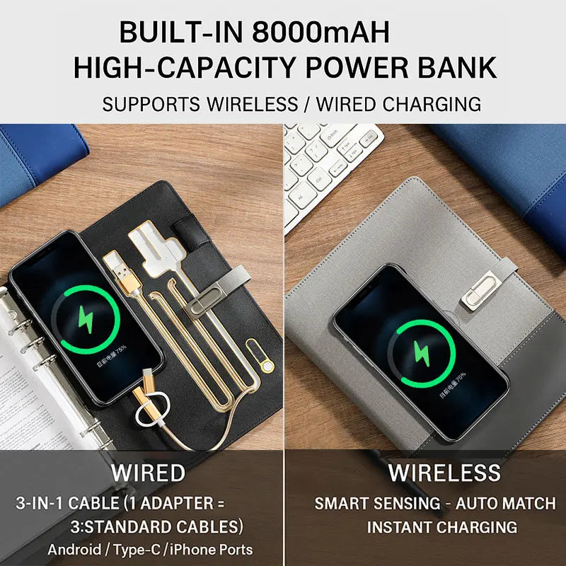 LABON Smart Notebook & Wireless Charger Organizer with Power Bank, Replaceable Paper Core, USB Disk, and Lock Pen - Ultimate Productivity Tool