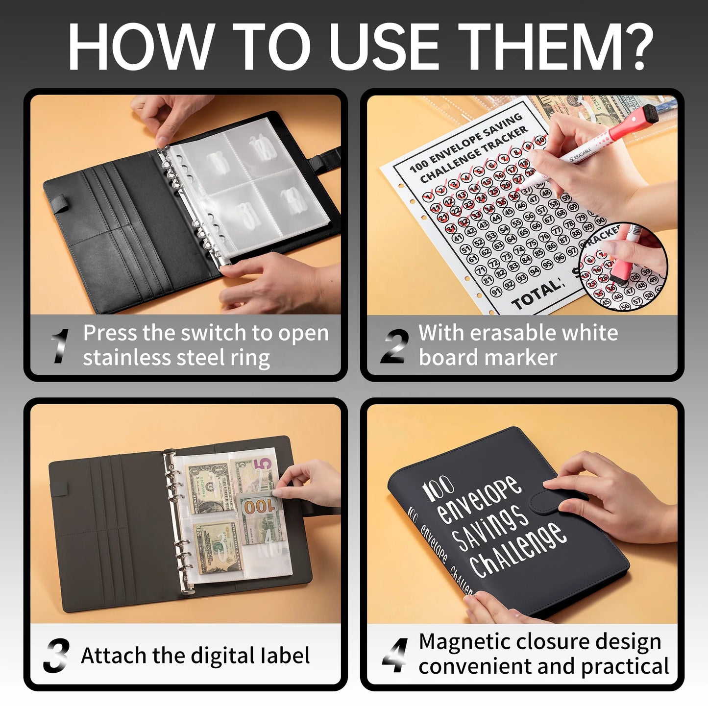 Elevate Your Savings with Our Custom Logo PU A5 100 Envelopes Money Challenge Book - Perfect for Office and School!