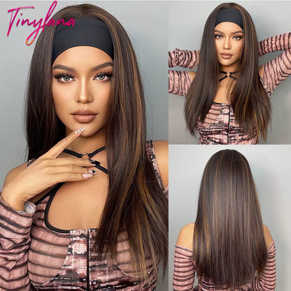 Chocolate Brown Mixed Golden Blonde Long Straight Synthetic Women'S Headband Wigs Bohemian Hair for Black Women Fake Hair