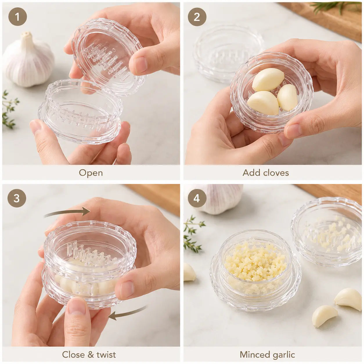 Manual Garlic Twister & Mincer, Compact Garlic Grinder for Garlic, Ginger, Onion, Herbs and Nuts, Clear Kitchen Prep Gadget