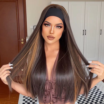 Chocolate Brown Mixed Golden Blonde Long Straight Synthetic Women'S Headband Wigs Bohemian Hair for Black Women Fake Hair
