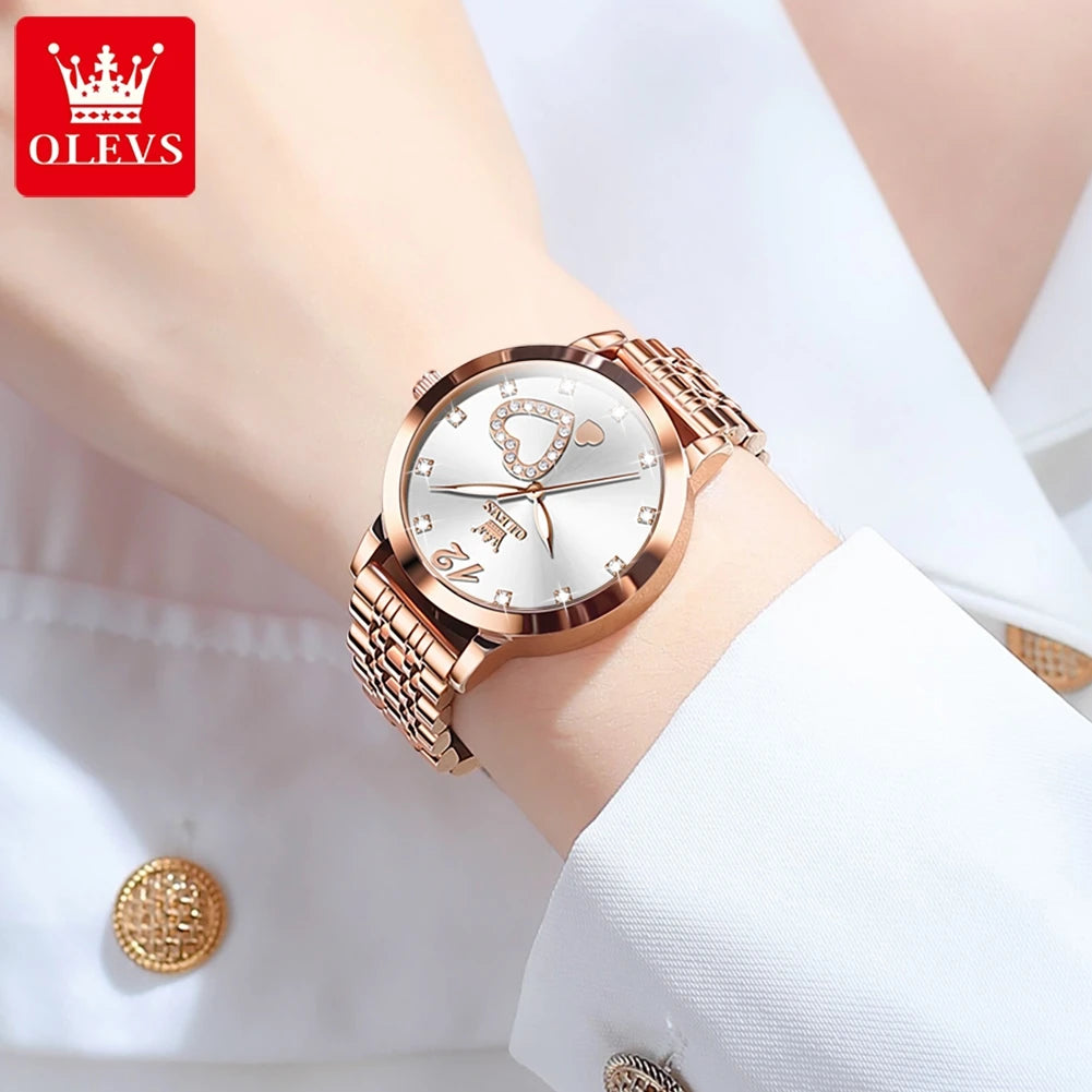 Elevate Your Style with the OLEVS 5189 Elegant Quartz Women Watch Featuring a Stunning Stainless Steel Strap and Diamond Heart Design