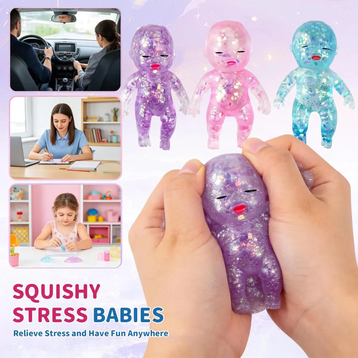 【Summervibes】3 Pack Baby Squishies Glittery, Slow Rising Squishies, 4" Soft Squeezable Fidget Toy, Desk Decor & Anxiety Relief, Ideal for Birthday Gifts, Party Favors, Classroom Prizes Stuffers