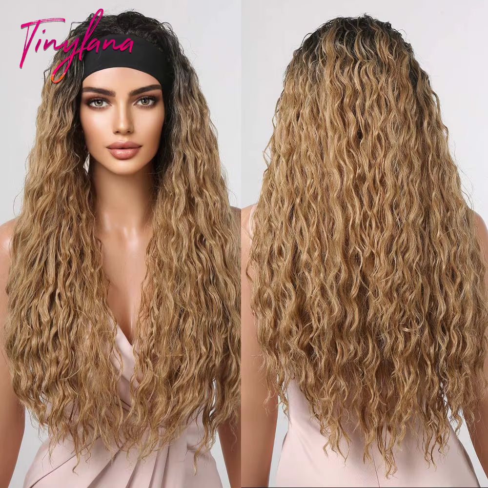 Chocolate Brown Mixed Golden Blonde Long Straight Synthetic Women'S Headband Wigs Bohemian Hair for Black Women Fake Hair