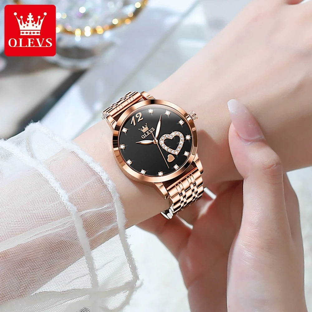 Elevate Your Style with the OLEVS 5189 Elegant Quartz Women Watch Featuring a Stunning Stainless Steel Strap and Diamond Heart Design